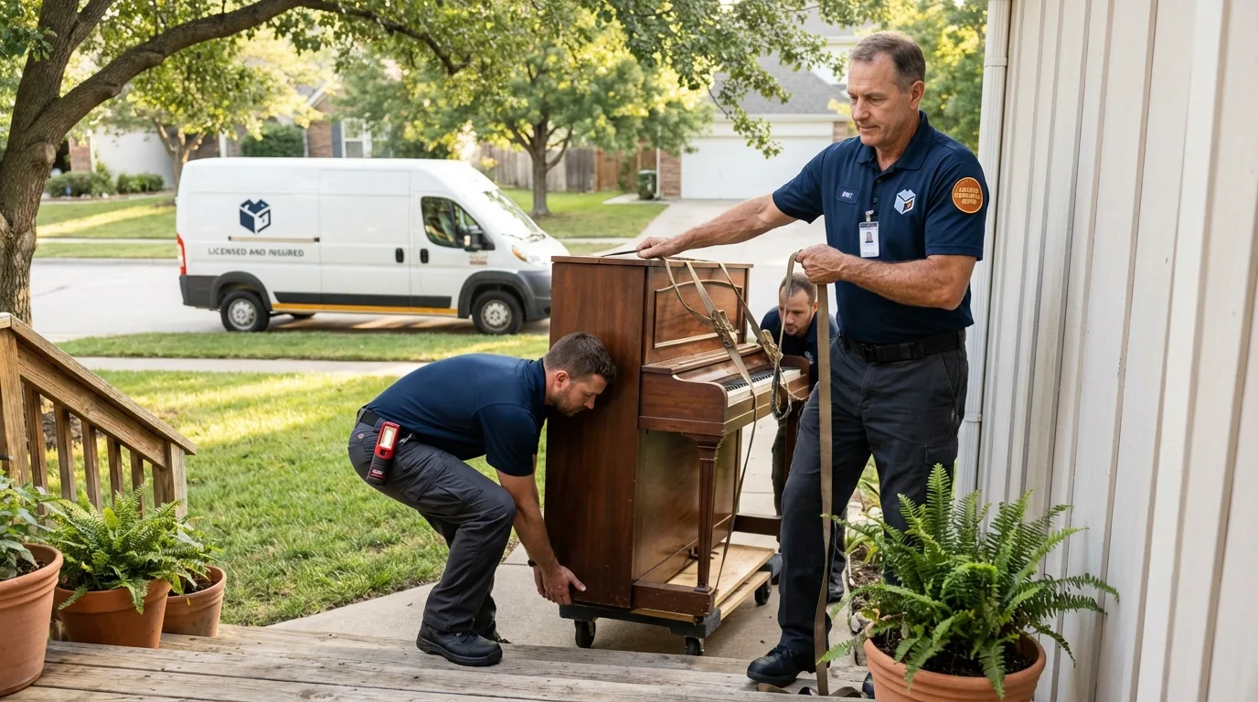 Licensed piano movers securing grand piano in Ballston Spa, NY