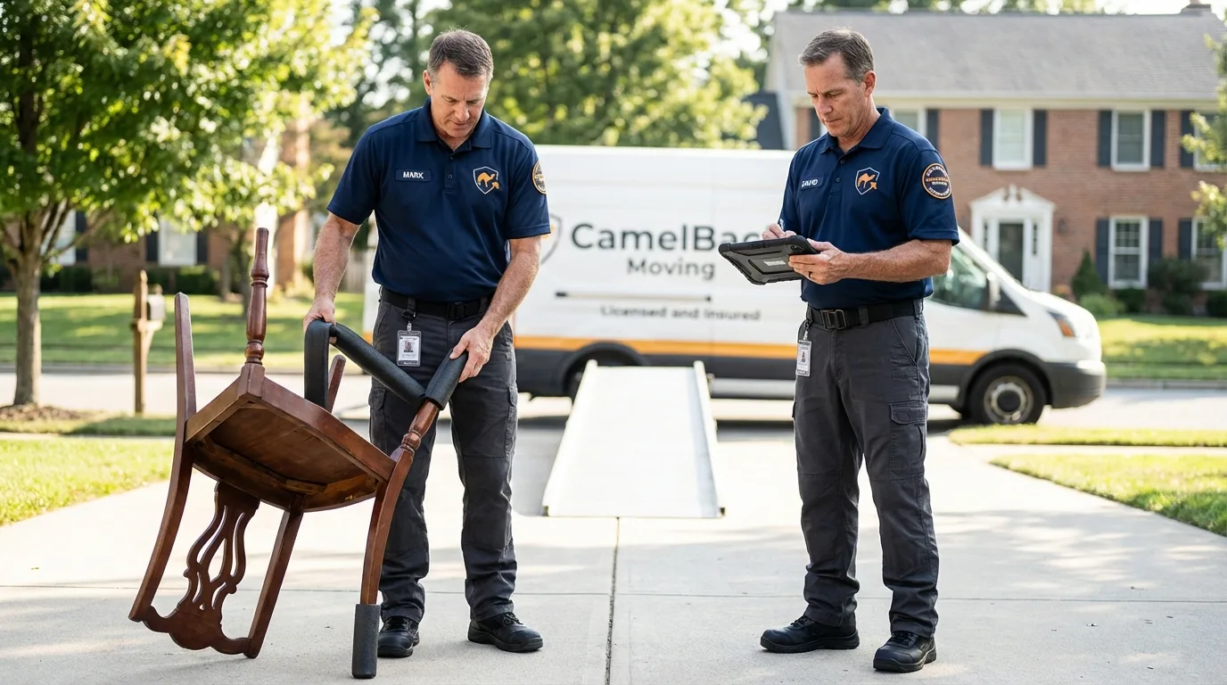 Movers inspecting furniture for damage prevention before loading in Ballston Spa, NY