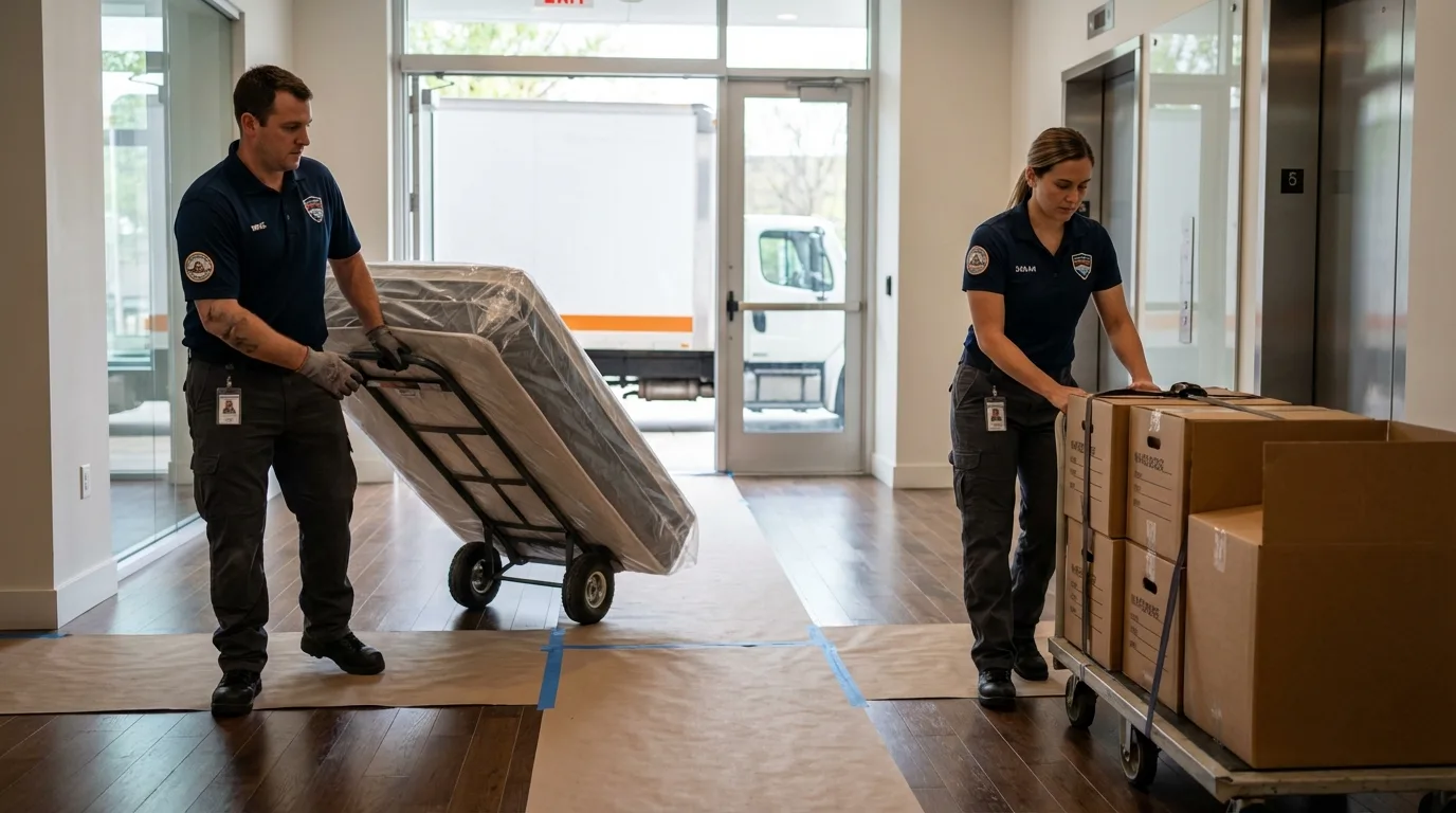 Professional apartment movers loading elevator in Ballston Spa, NY