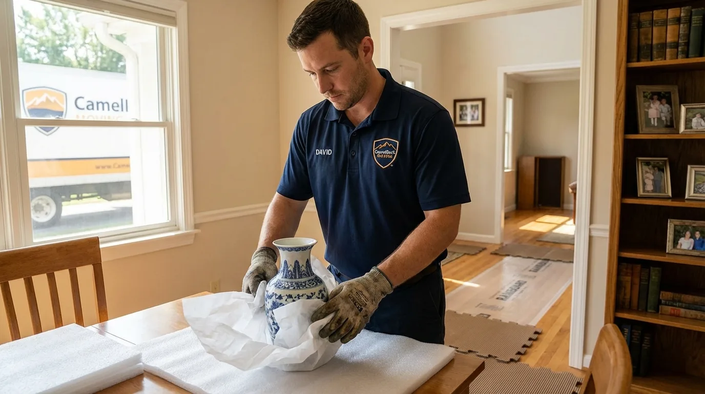 Professional crew carefully wrapping antique vase for senior downsizing move in Ballston Spa, NY